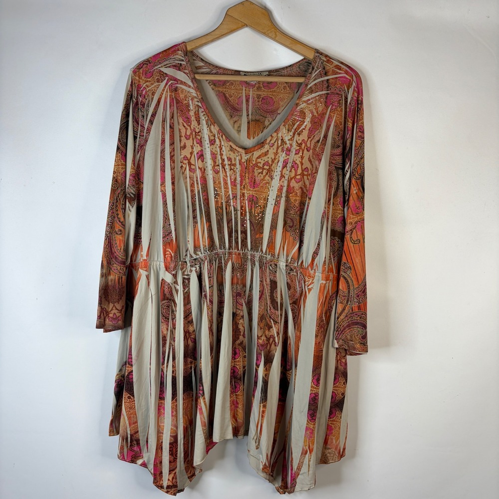One World Tunic Women 22/24 Multicolor Paisley Rhinestone Empire Waist Top
